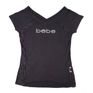 Like New Y2K Cap Sleeve Rhinestoned bebe Black Top w/ Lace Detail | Size S/M